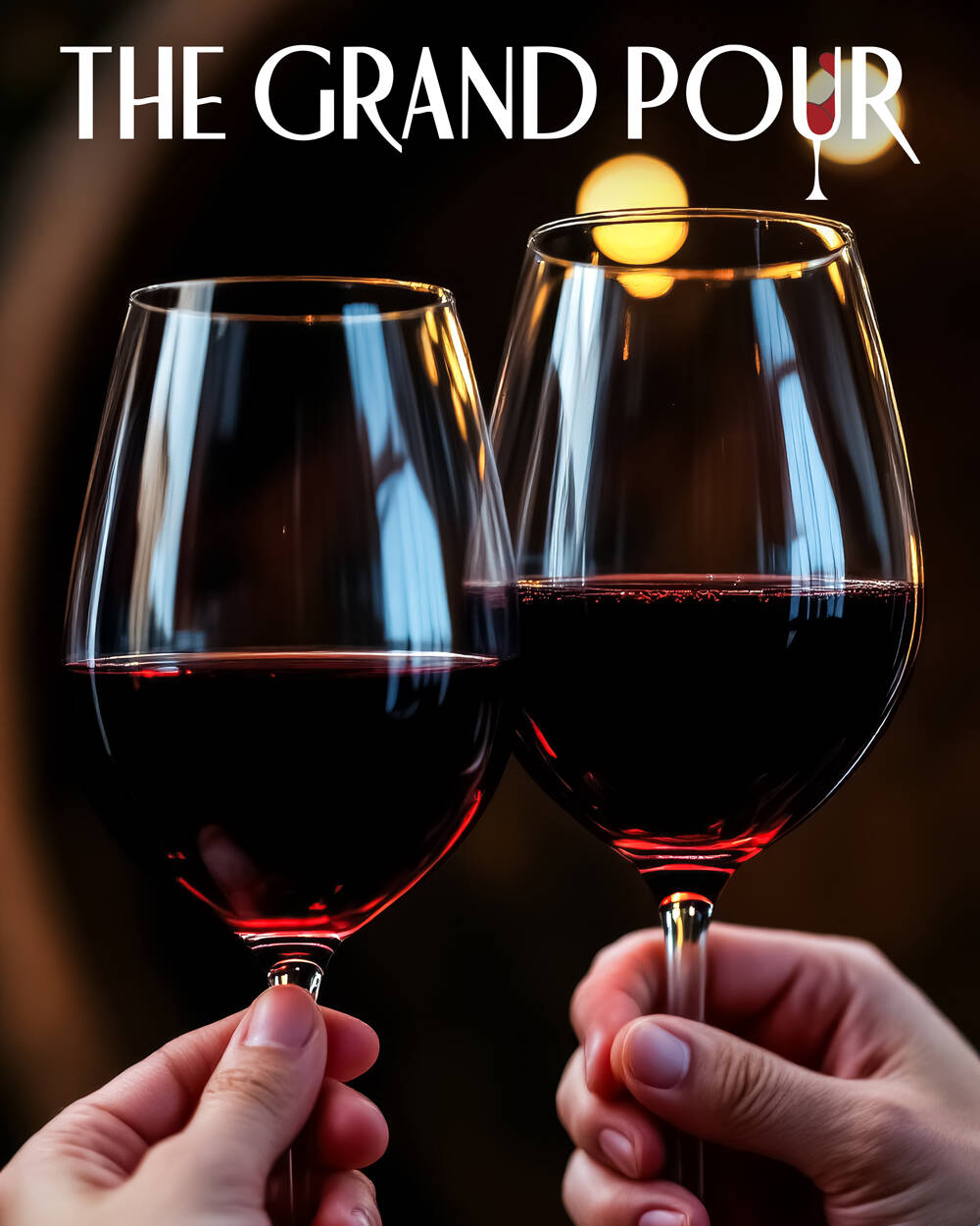 Two glasses of Red Wine clinking together. Logo of Grand Pour